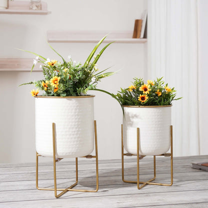 Metal Hammered Planter, Off - white, Set, 11.6'' & 9.8'' - Behoma