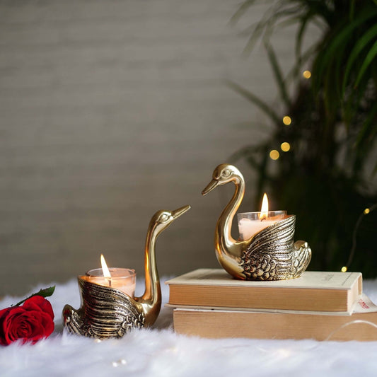 Metal Pair of Swans Candle Holders, (with candles) - Behoma