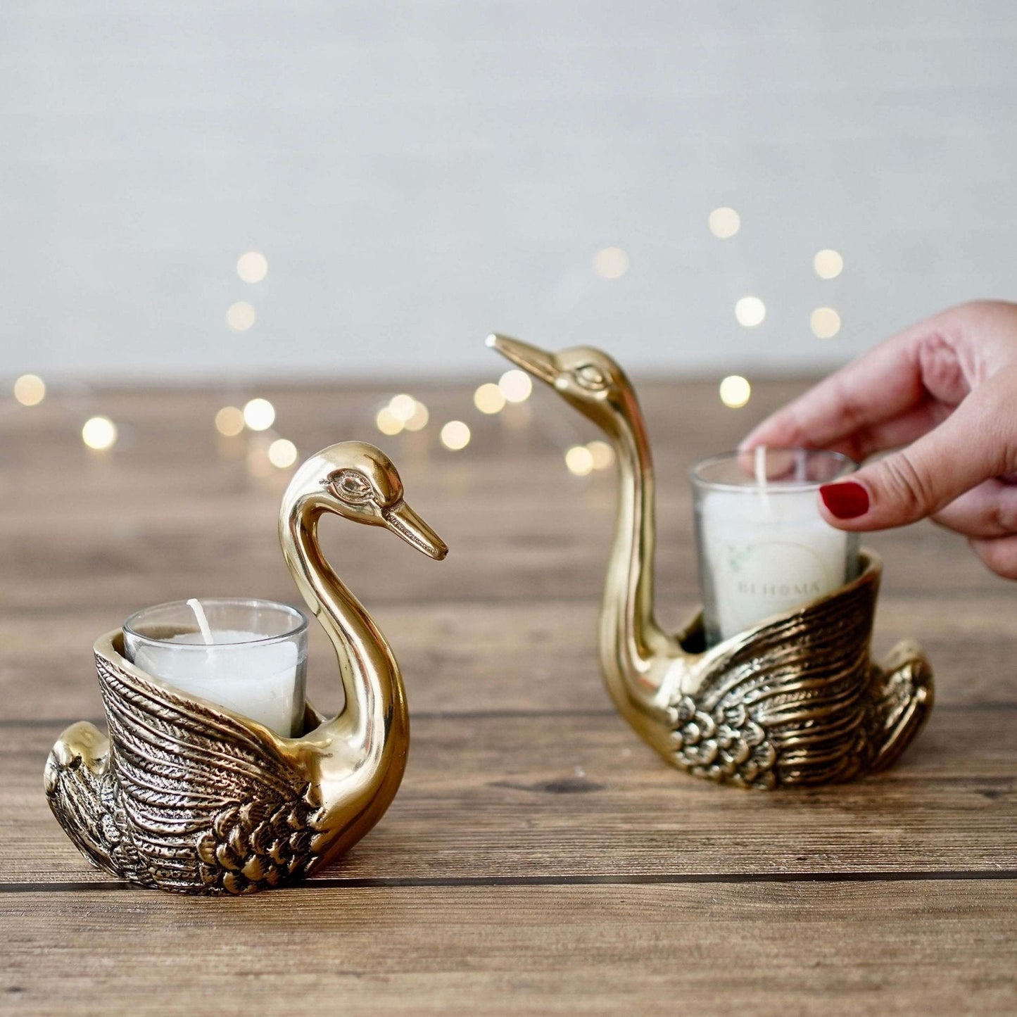 Metal Pair of Swans Candle Holders, (with candles) - Behoma