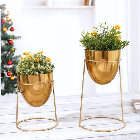 Metal Planter with Round Gold Stand, Set, 12.4" & .8.8" - Behoma