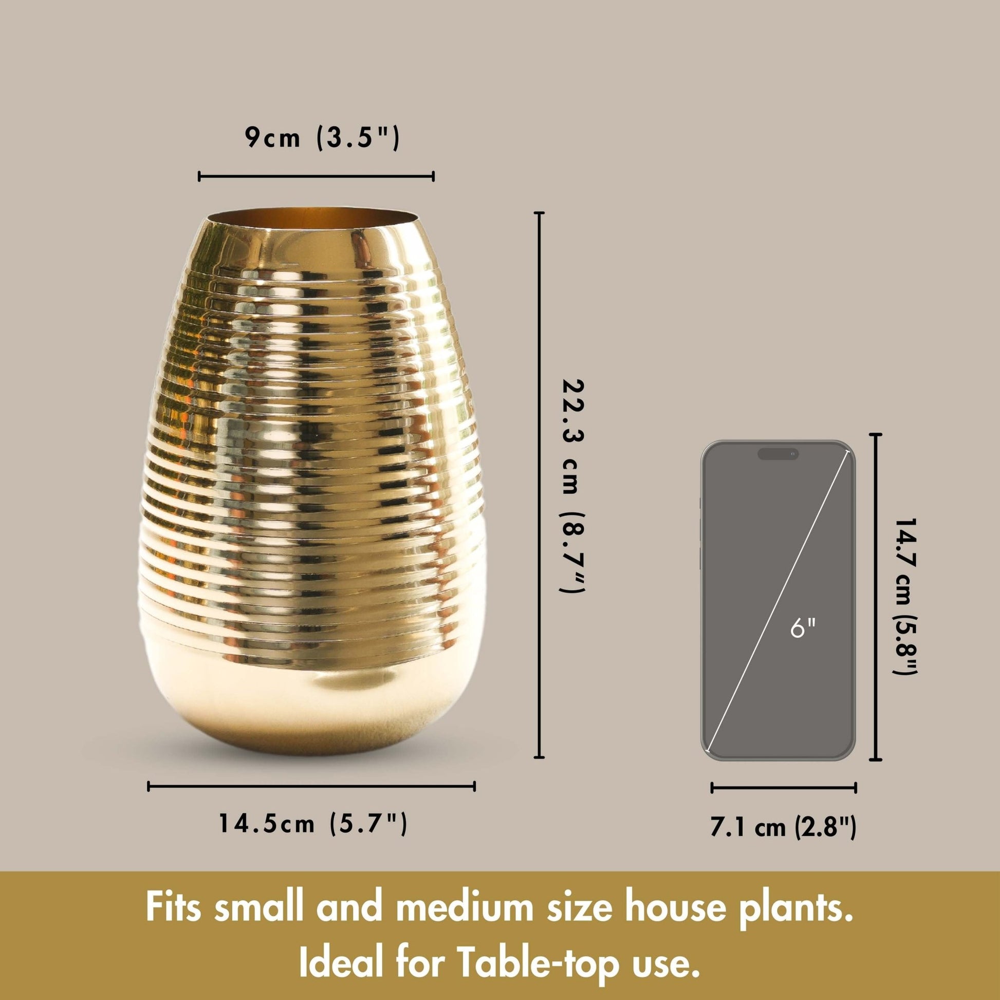 Metal Ribbed Flower Vase, Gold, 8.7'' - Behoma