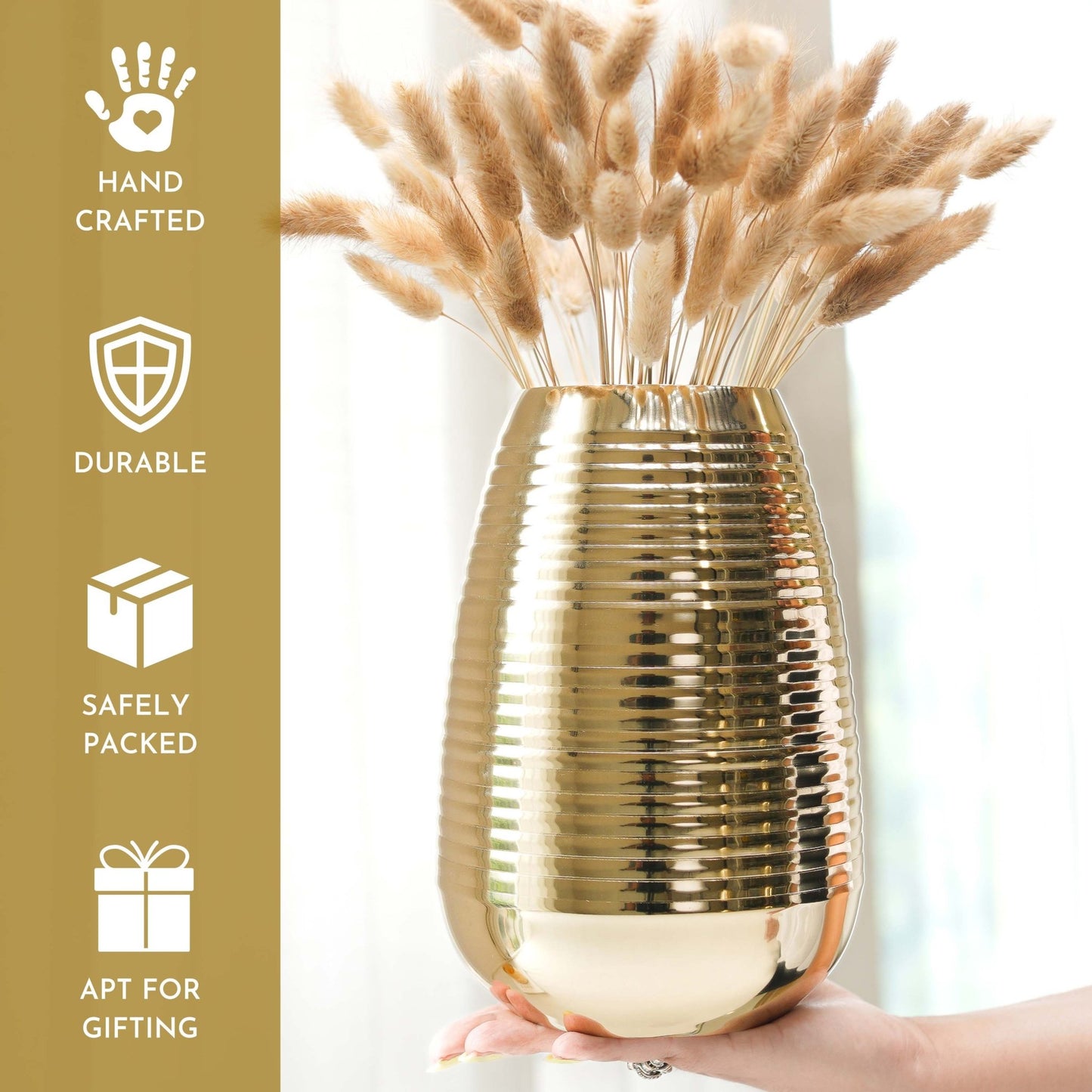 Metal Ribbed Flower Vase, Gold, 8.7'' - Behoma