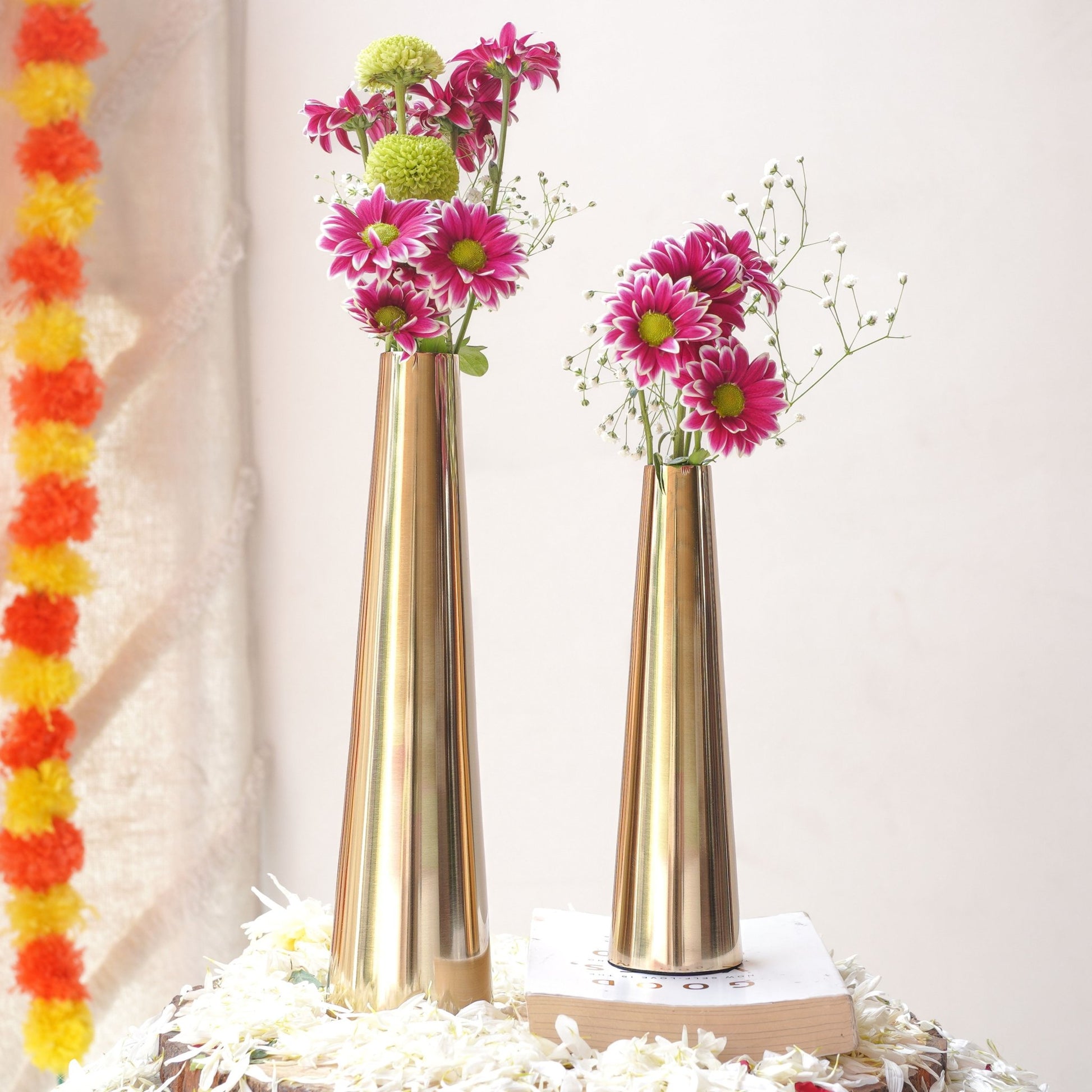 Metal Slim Cone Flower Vase, Gold, Set - 8.1'' & 10.6'' - Behoma