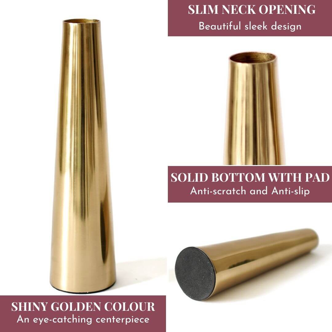 Metal Slim Cone Flower Vase, Gold, Set - 8.1'' & 10.6'' - Behoma