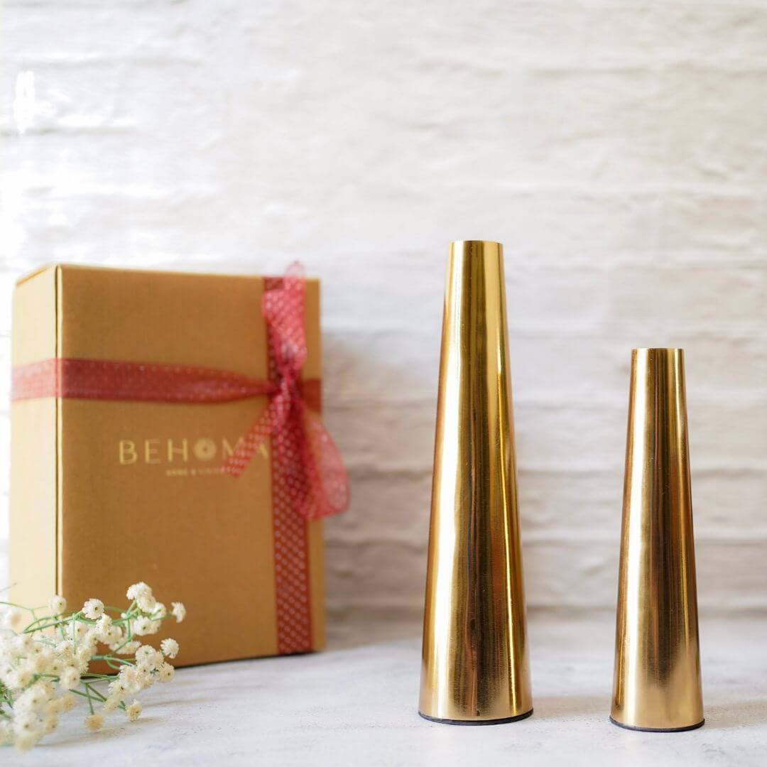 Metal Slim Cone Flower Vase, Gold, Set - 8.1'' & 10.6'' - Behoma