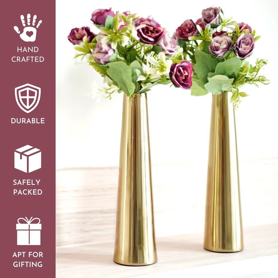 Metal Slim Cone Flower Vase, Gold, Set - 8.1'' & 10.6'' - Behoma