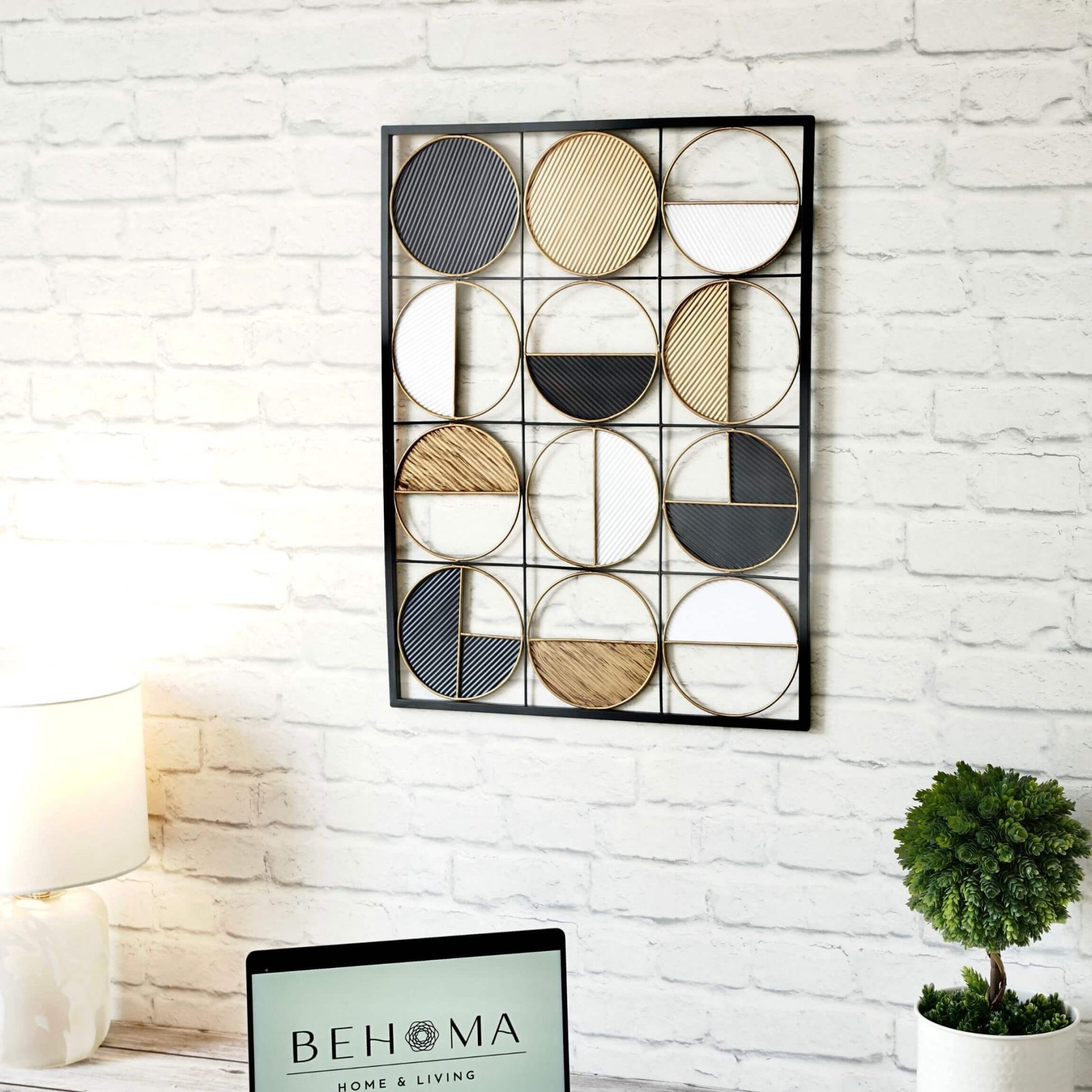 Metal Wall Hanging Art Decor, Black, Gold & White - Behoma