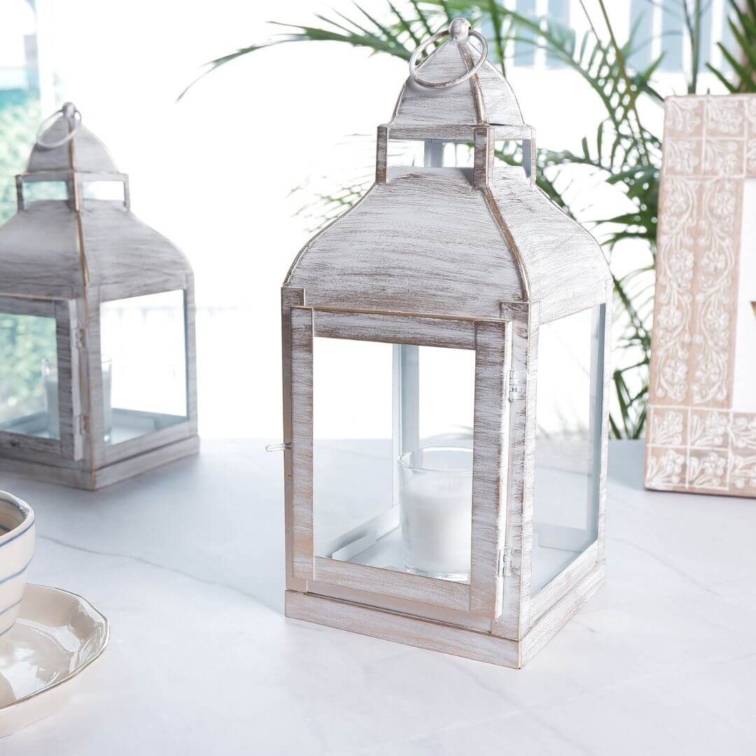 Miami Lantern, Rustic White - Set - 11.4'' & 10.8'' - Behoma