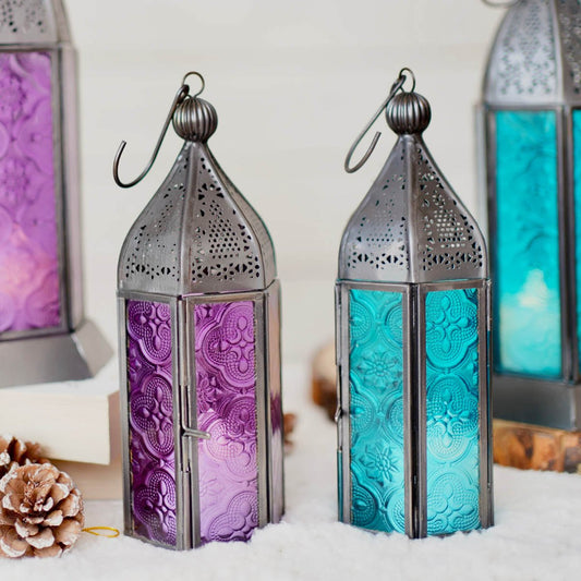 Moroccan Lanterns, Blue & Lilac, Set of 2 - 7.4''X 2.5'' Each - Behoma