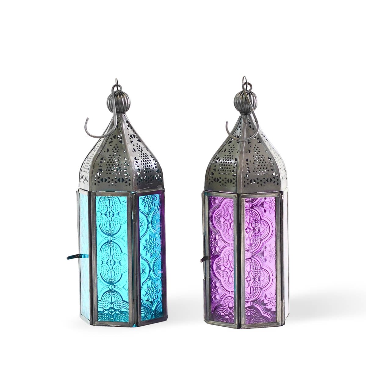 Moroccan Lanterns, Blue & Lilac, Set of 2 - 7.4''X 2.5'' Each - Behoma