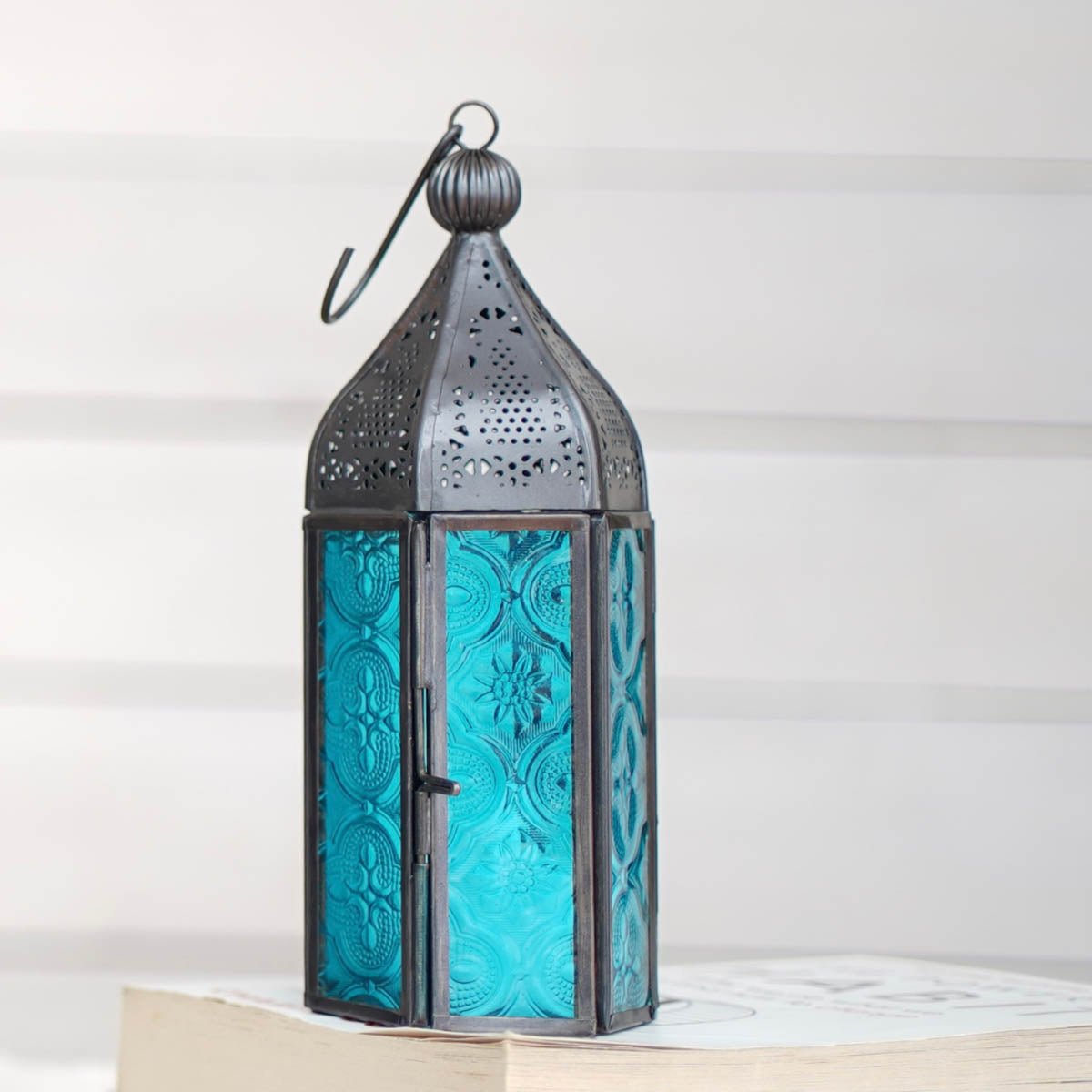 Moroccan Lanterns, Blue & Lilac, Set of 2 - 7.4''X 2.5'' Each - Behoma