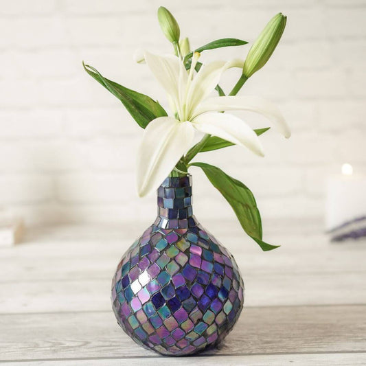 Moroccan Style Mosaic Glass Vase, Purple, 7'' - Behoma