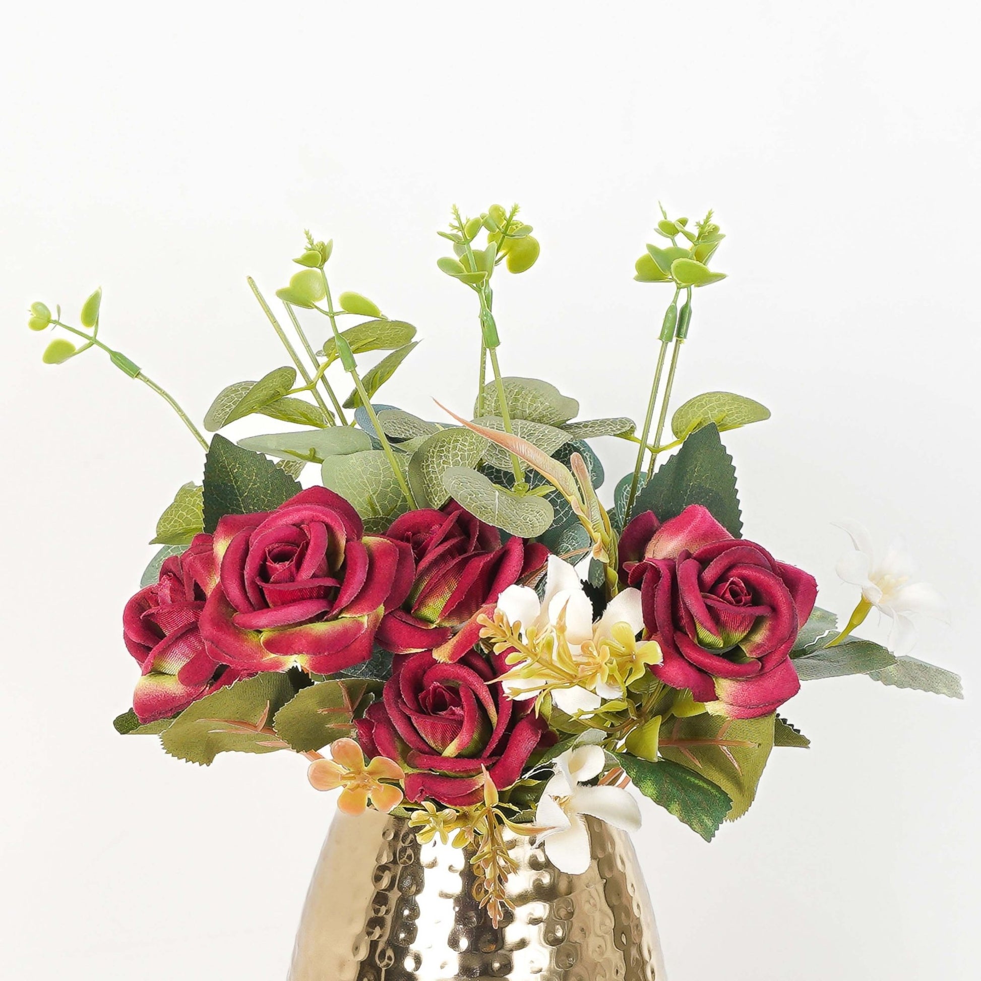 Red Roses with Eucalyptus leaves fillers, Bouquet (Faux Flowers) - Behoma