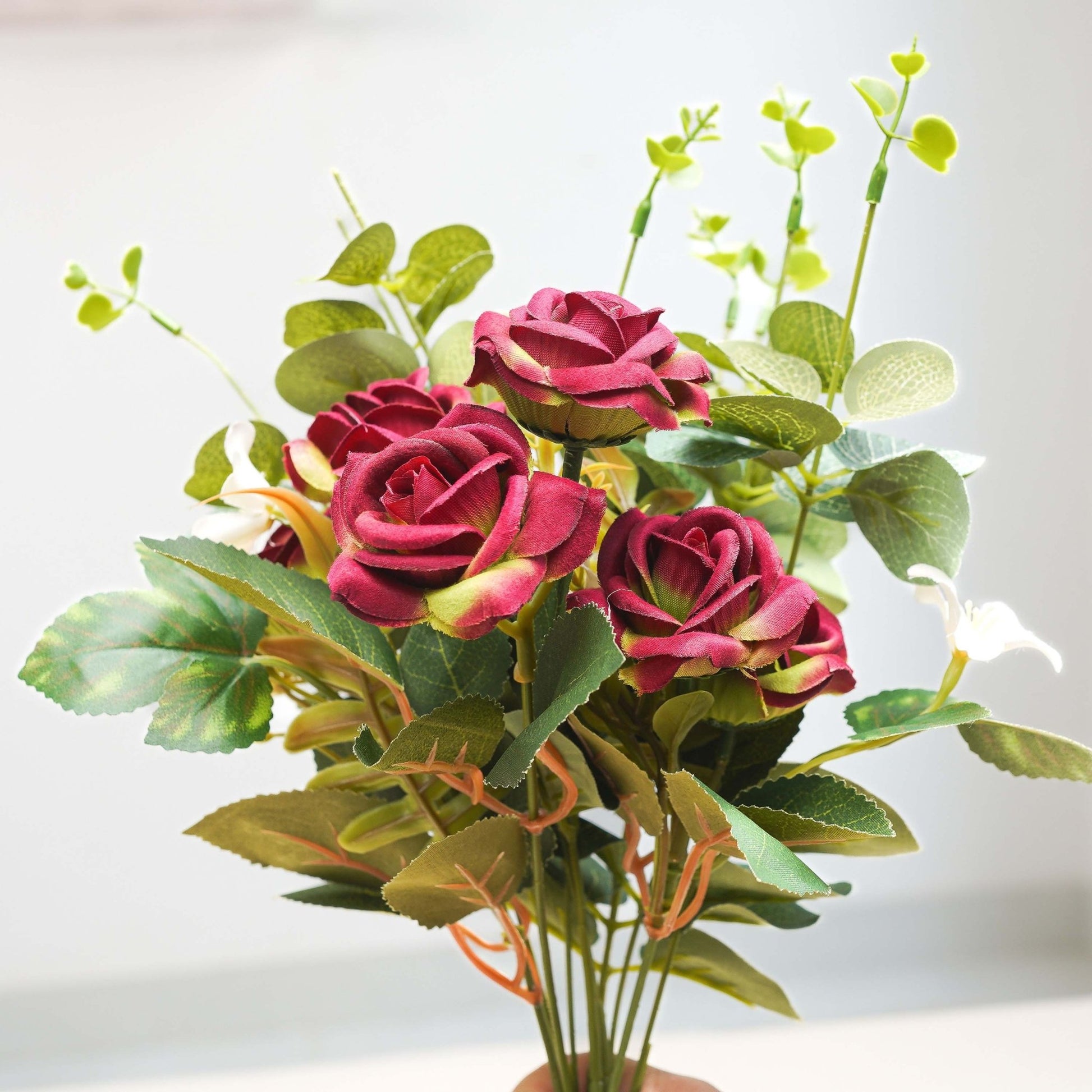 Red Roses with Eucalyptus leaves fillers, Bouquet (Faux Flowers) - Behoma