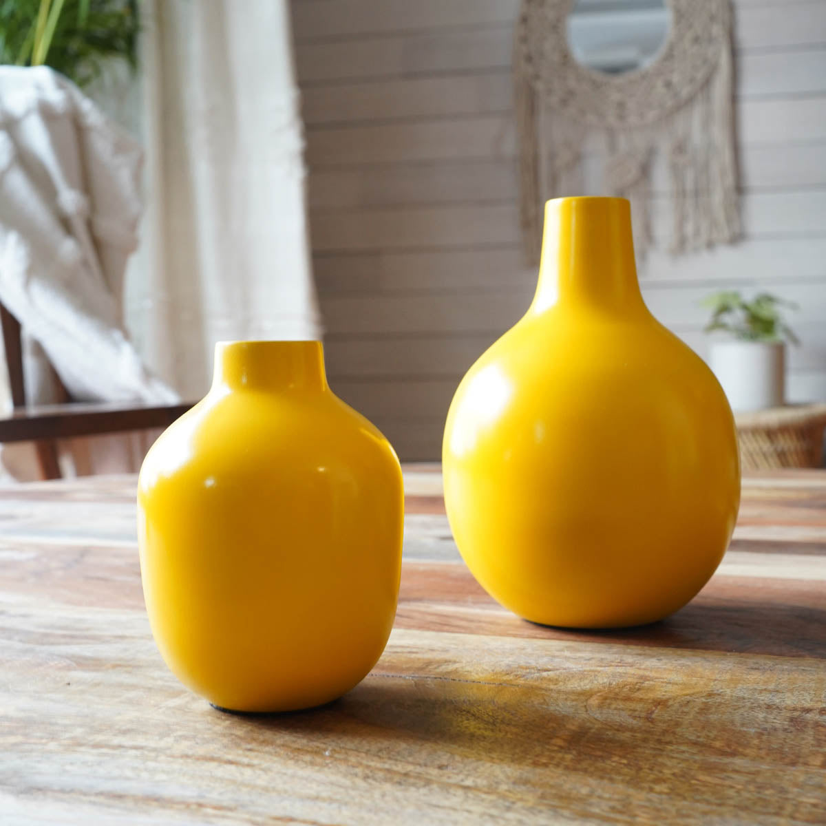 Yellow bud metal flower vase set of 2 