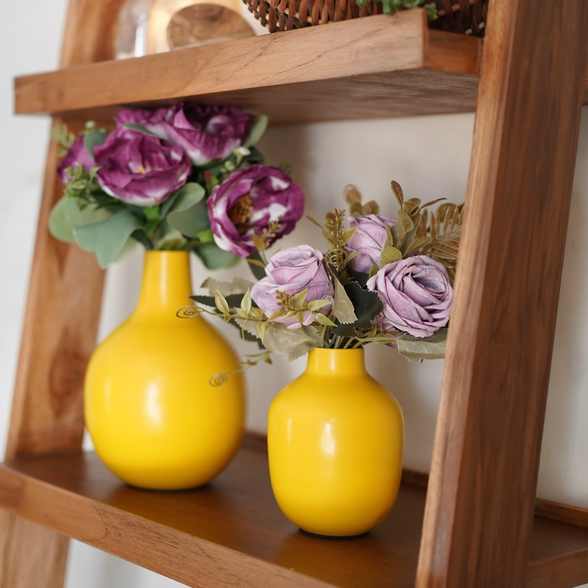 Yellow bud metal flower vase set of 2 